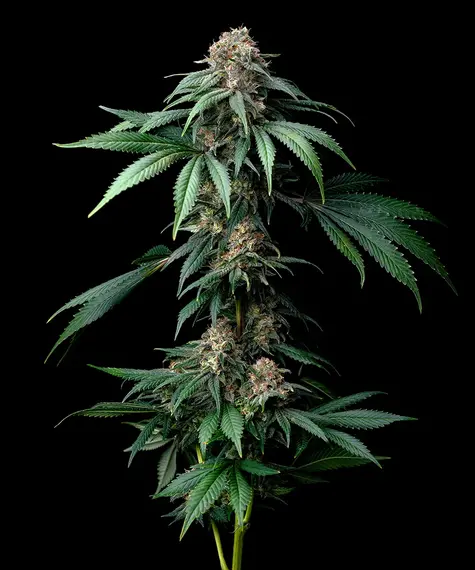 A cannabis plant grown from Mendo Breath seeds by Barney's Farm, showcasing dense, resin-rich buds with deep coloration and a thick trichome coating.