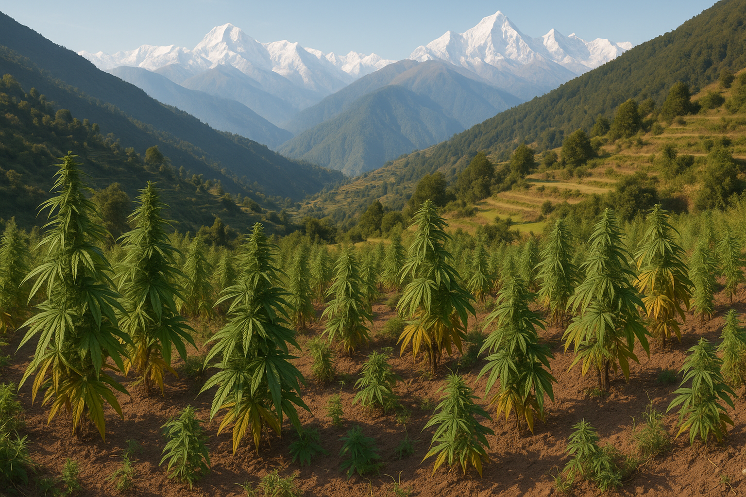 A wide-angle, photorealistic view of a traditional cannabis farm in the Himalayan region of Tibet, featuring irregularly spaced landrace-style cannabis plants of various sizes and shapes growing on terraced, earthy slopes. Snow-capped Himalayan peaks rise in the background under warm, natural sunlight, with shadows falling gently across the uneven terrain and surrounding wild vegetation.