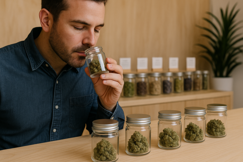 A man in a denim shirt is pictured in a modern cannabis boutique, smelling a glass jar containing cannabis buds. In front of him, several similar jars are lined up on a wooden counter, while a shelf behind displays more jars labeled with terpene profiles—illustrating a terpene “smell bar” concept for enhancing cannabis shopping experiences.