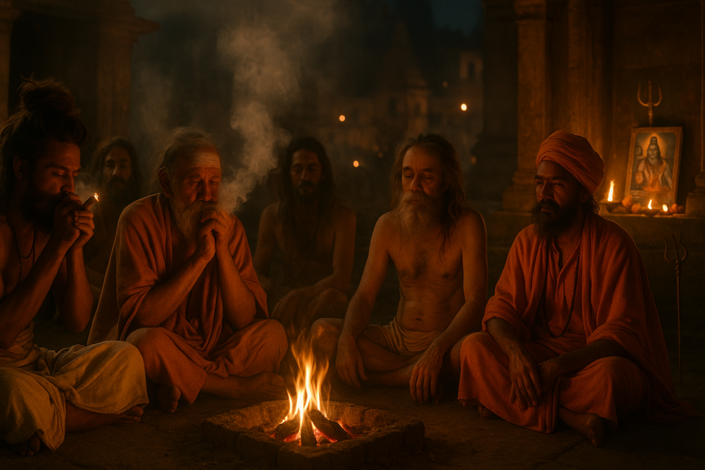A candid, horizontal photograph capturing a group of Hindu sadhus gathered around a sacred fire during Maha Shivaratri in India. The sadhus, diverse in age and appearance, are engaged in a spiritual smoke ritual using chillum pipes filled with charas. Their expressions reflect deep meditation and devotion, illuminated by the warm firelight. Ash-covered skin, traditional saffron and white robes, and a shrine with Shiva symbols like a trident and portrait complete the sacred ambiance. Smoke swirls gently into the night air amid ancient temple stonework, evoking a powerful moment of spiritual reverence.