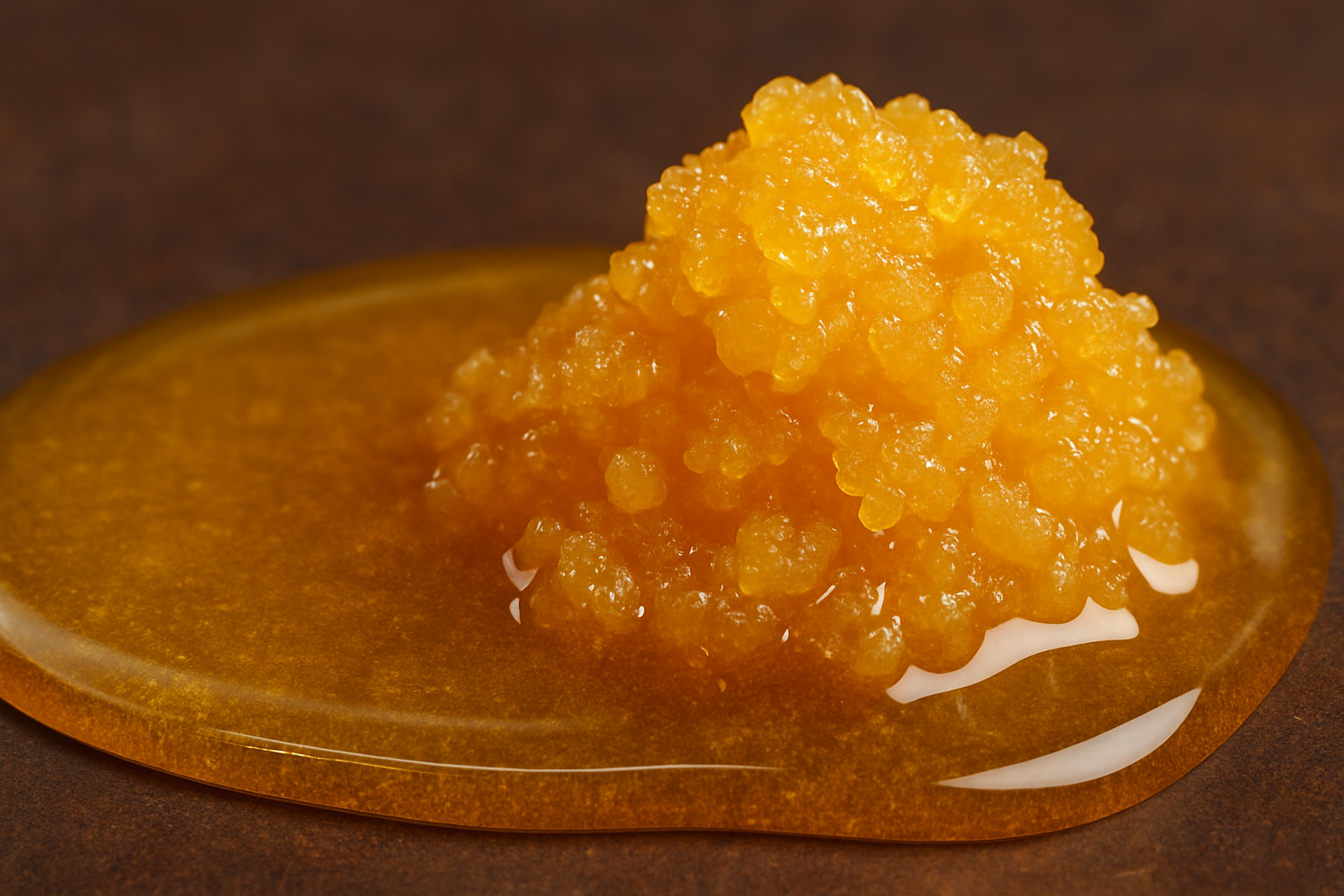 A horizontal close-up digital photograph shows a golden, glossy mound of live resin on a smooth surface. A stream of translucent cannabis distillate is being poured next to it, forming a shiny, syrup-like pool around the base of the live resin. The contrast in texture and opacity between the thick, crystal-like live resin and the clear, liquid distillate visually highlights their differences.