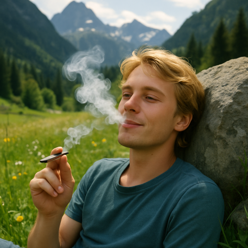 A young blond man with blue eyes leans against a large rock in a sunlit mountain meadow, exhaling thick smoke from a cannabis joint with a calm, subtle smile; behind him, wildflowers and green grass stretch toward majestic peaks under a clear blue sky.