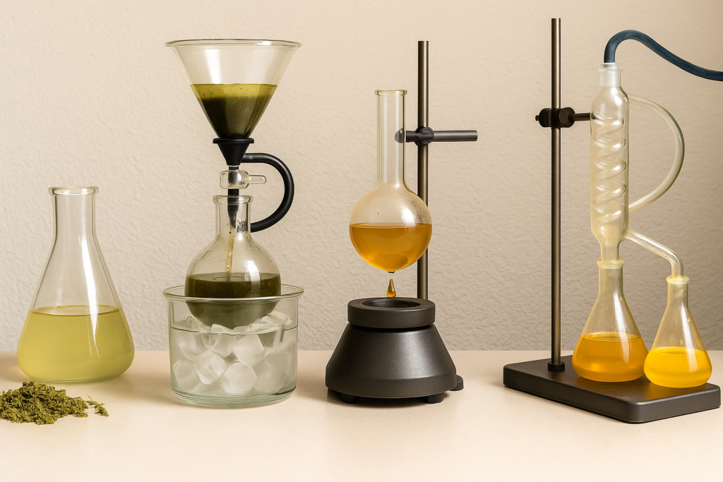 A high-resolution, realistic photo of the cannabis distillate production process, displayed in four steps on a clean lab countertop: dried cannabis and a flask of crude extract; winterization with a funnel and ice bath; decarboxylation using a round-bottom flask on a heater; and short-path distillation setup with connected glassware collecting golden oil.