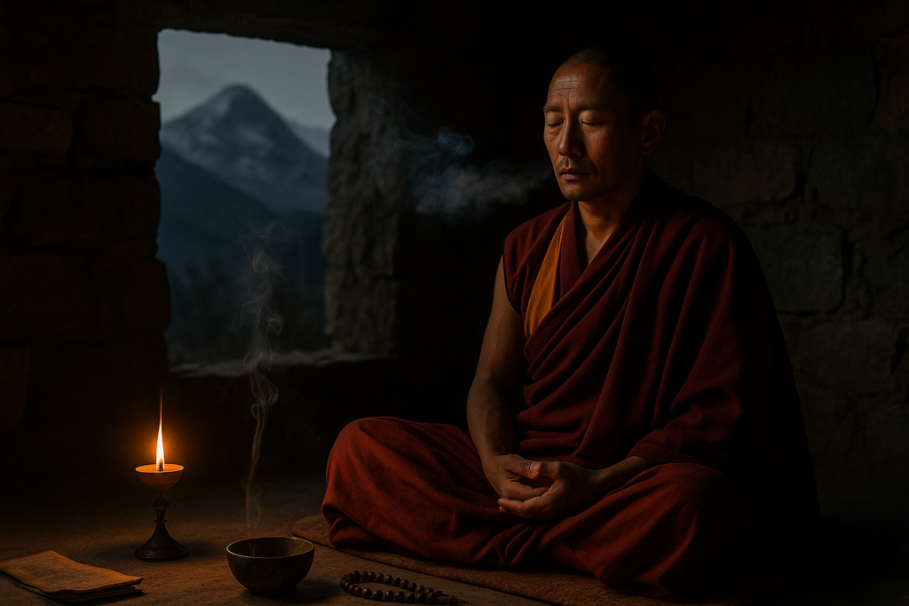 A horizontal, realistic photograph of a Tibetan Buddhist monk meditating in a dimly lit stone room at twilight. The monk sits cross-legged in deep concentration, wearing traditional maroon robes, with closed eyes and a calm expression. A butter lamp and a bowl of incense emitting gentle smoke rest beside him, along with prayer beads and an ancient scroll. Through the open stone window behind him, a snow-capped Himalayan peak rises against a dusky sky, enhancing the serene and spiritual atmosphere. The scene subtly suggests the sacred use of cannabis in meditation without overt symbolism.
