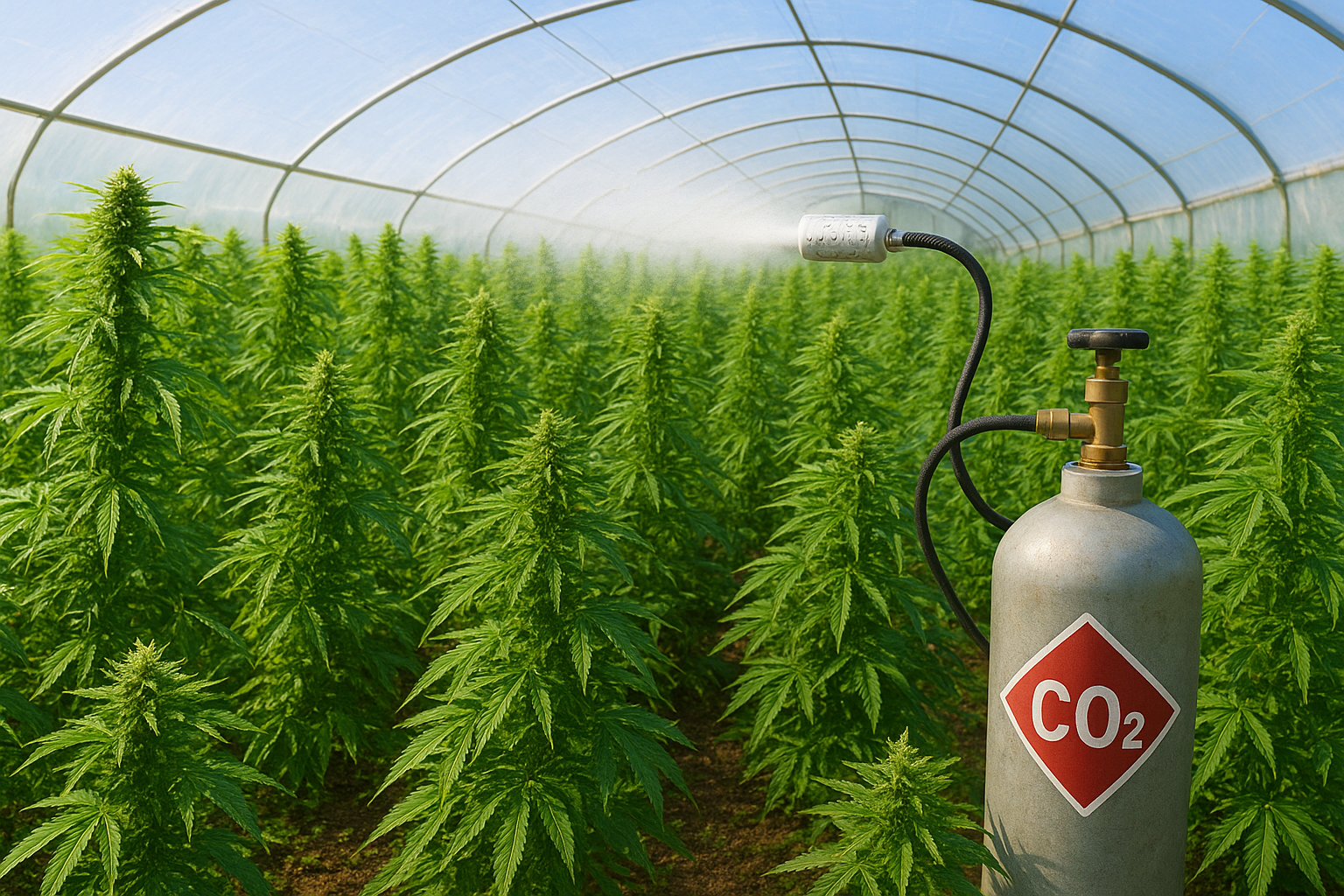 A bright midday photograph of a cannabis greenhouse with sunlight shining directly inside, illuminating plants of various sizes, shapes, and leaf colors growing naturally and irregularly, with a professional CO2 tank placed among them, marked clearly as containing CO2.
