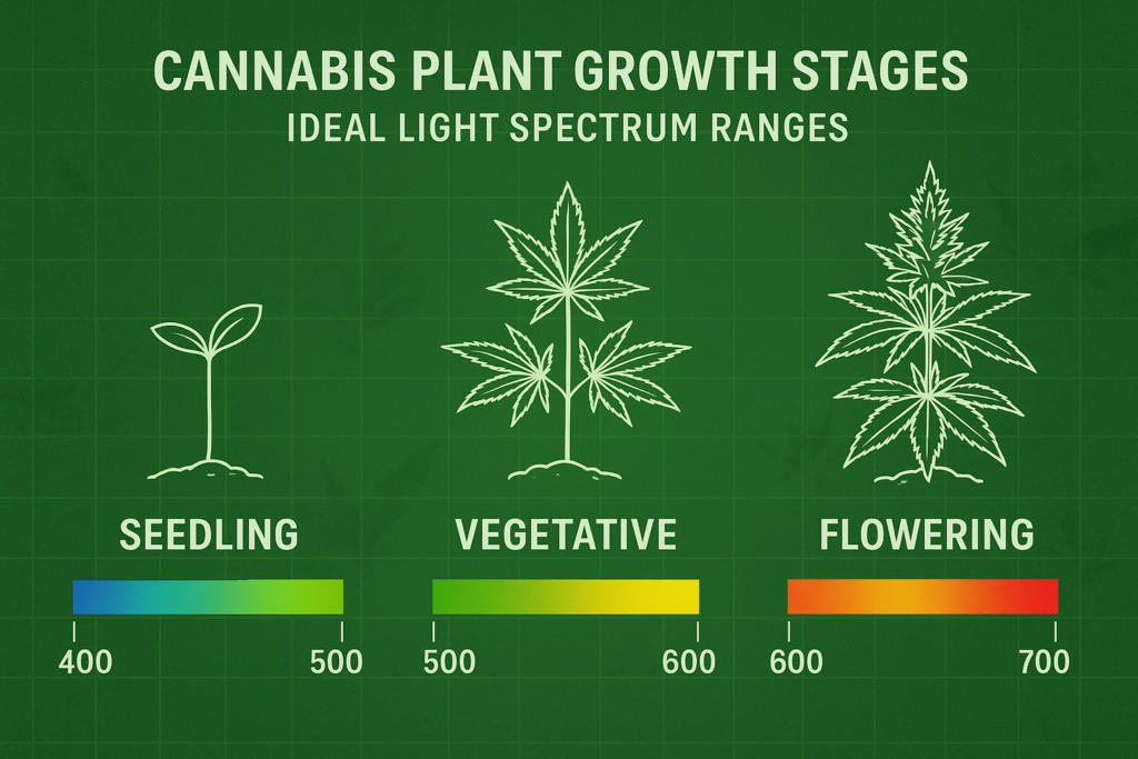 A green-themed infographic showing cannabis plant growth stages—seedling, vegetative, and flowering—each with its ideal light spectrum range, designed with an agricultural and educational style.
