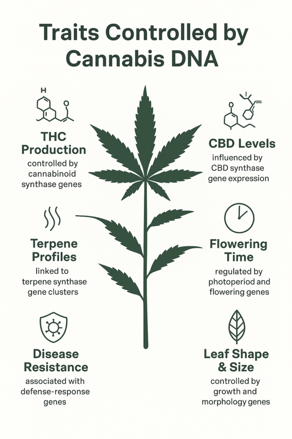 A clean, modern infographic of a cannabis plant silhouette with labeled callouts showing traits influenced by DNA, including THC production, CBD levels, terpene profiles, flowering time, leaf shape, and disease resistance, with matching icons for each trait.
