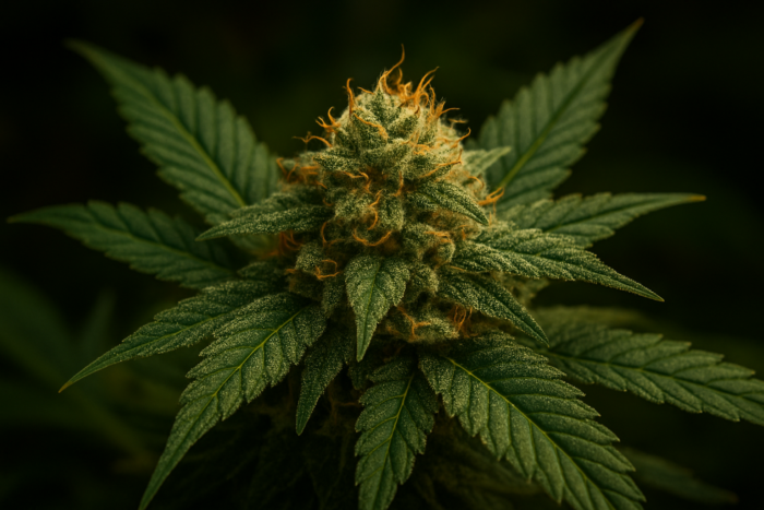 A horizontal close-up digital photograph of a cannabis plant with labeled genetic traits, blending a professional and slightly artistic style.
