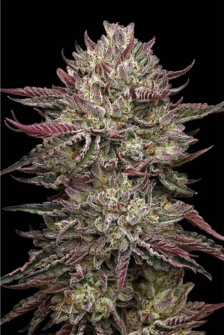 Tall cannabis plant with dense, frosty purple-green buds, emitting buttery maple syrup and fried chicken spice aromas—Chicken n’ Wafflez by Humboldt Seed Company.