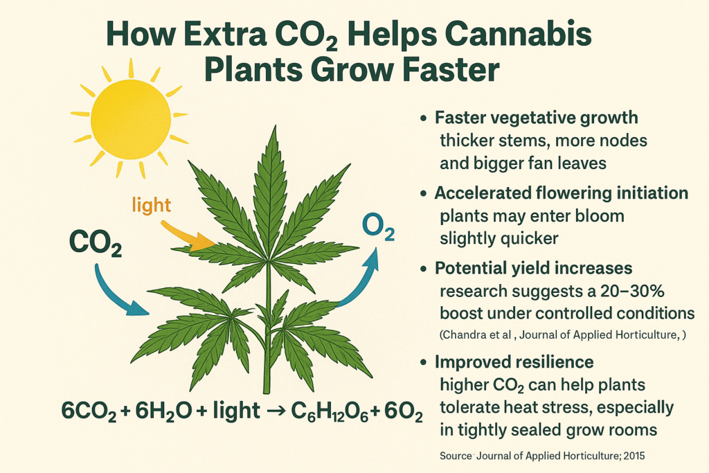 This simple formula explains why CO₂ is critical. When levels rise, cannabis plants can convert more light into sugars, which translates into: Faster vegetative growth – thicker stems, more nodes, and bigger fan leaves. Accelerated flowering initiation – plants may enter bloom slightly quicker. Potential yield increases – research suggests a 20–30% boost under controlled conditions (Chandra et al., Journal of Applied Horticulture, 2015). Improved resilience – higher CO₂ can help plants tolerate heat stress, especially in tightly sealed grow rooms with intense lighting.