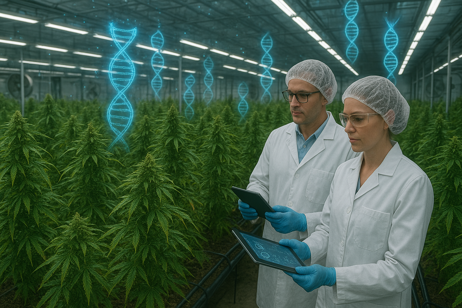 A photorealistic, horizontal image of a futuristic cannabis greenhouse where scientists in lab coats use tablets to monitor genetically guided cultivation. Rows of natural, imperfect cannabis plants grow under LED lighting, surrounded by realistic greenhouse equipment, while multiple glowing holographic DNA helix projections float above the plants, symbolizing genomic sequencing and biotechnology in cannabis farming.