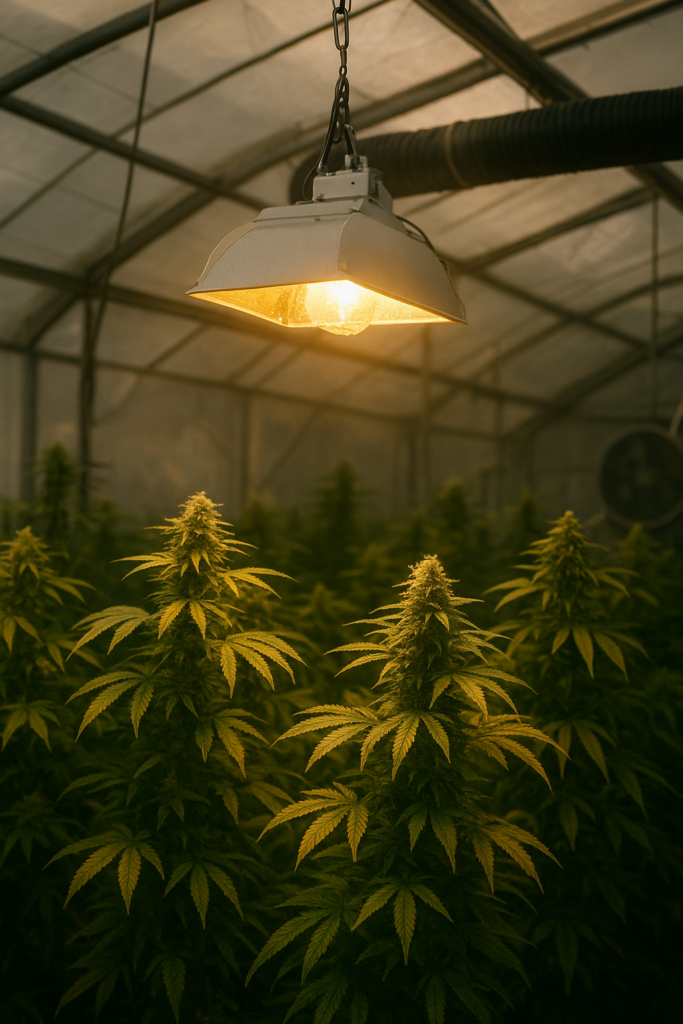 A professional high-resolution photograph of a cannabis greenhouse illuminated with HPS grow lights, showing varied and naturally imperfect cannabis plants with unique shapes, heights, and bud structures under a warm, vibrant atmosphere.