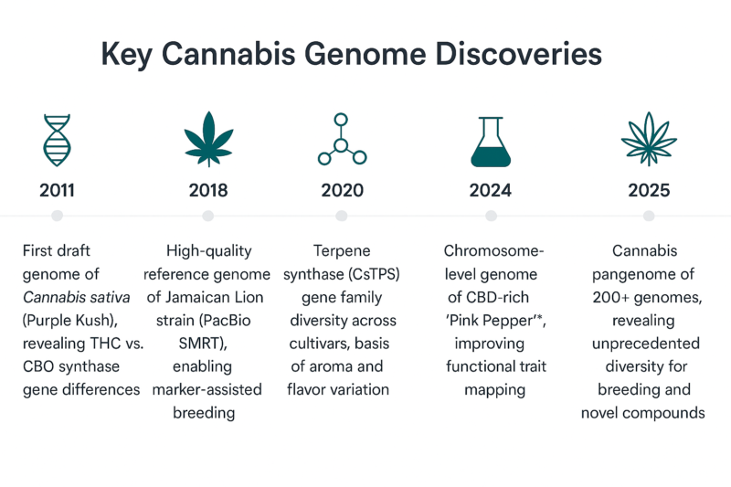 A sleek, horizontal flat-design infographic titled "Key Cannabis Genome Discoveries," showing a clear left-to-right timeline on a white background. Each milestone is spaced apart with simple icons like DNA helices, cannabis leaves, and lab flasks. Dates and discoveries include: 2011 draft genome of Purple Kush (THC vs. CBD synthase differences), 2018 Jamaican Lion reference genome, 2020 terpene synthase diversity and wild cannabis genome duplications, 2024 chromosome-level genome of CBD-rich Pink Pepper, and 2025 cannabis pangenome of 200+ genomes.