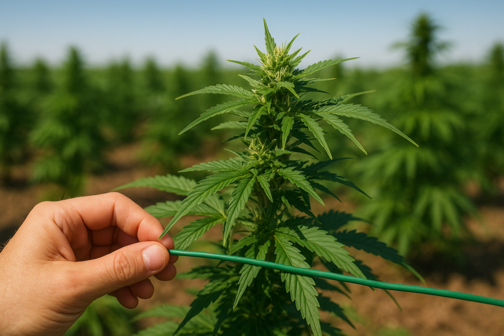 A farmer carefully bending and tying down cannabis branches using low-stress training (LST) in a lush outdoor farm, shaping the plants for even light distribution and healthier bud growth.