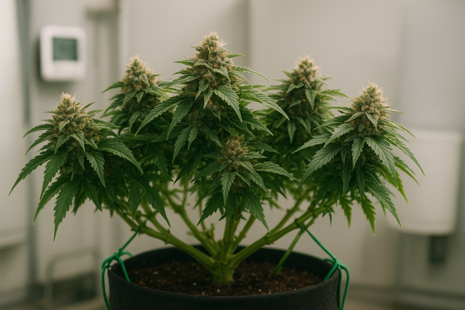 A healthy cannabis plant trained with Low-Stress Training (LST), showing branches tied outward to form an even canopy with multiple dense buds covered in trichomes and orange pistils, grown indoors under professional cultivation lights.