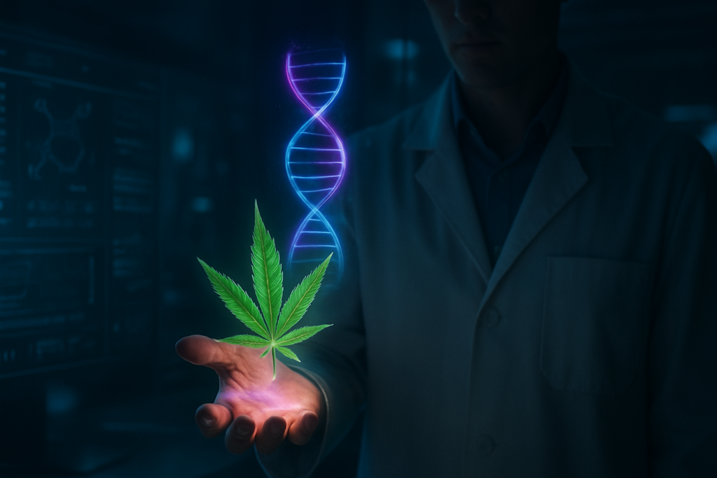 A futuristic digital artwork of a scientist holding a glowing cannabis leaf with a holographic neon DNA strand rising above it, set in a high-tech laboratory with blue and purple lighting.