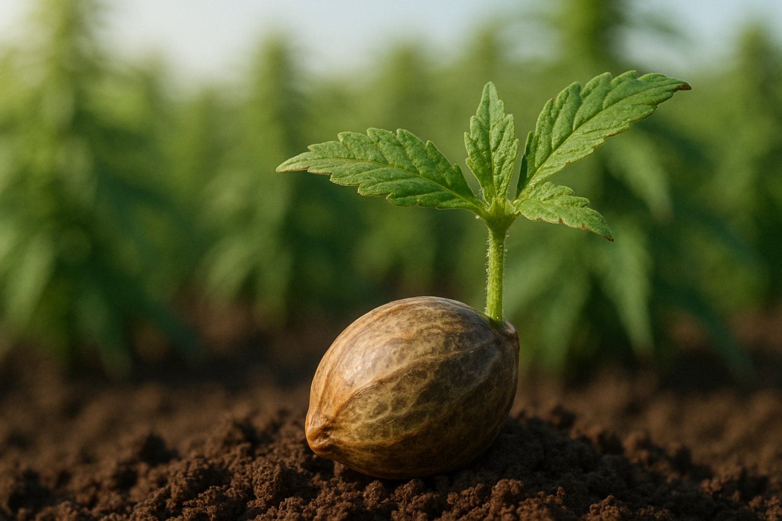 A close-up photograph of a cannabis seedling sprouting from soil in sunlight, showing healthy growth while highlighting common mistakes growing cannabis seeds, such as overwatering, poor soil choice, and improper light conditions.
