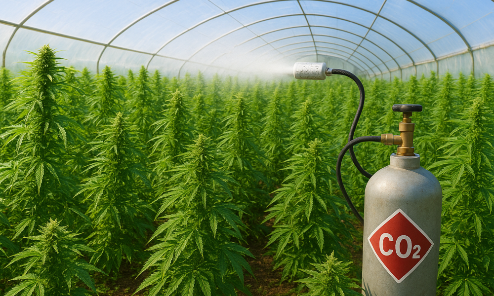 A bright midday photograph of a cannabis greenhouse with sunlight shining directly inside, illuminating plants of various sizes, shapes, and leaf colors growing naturally and irregularly, with a professional CO2 tank placed among them, marked clearly as containing CO2.