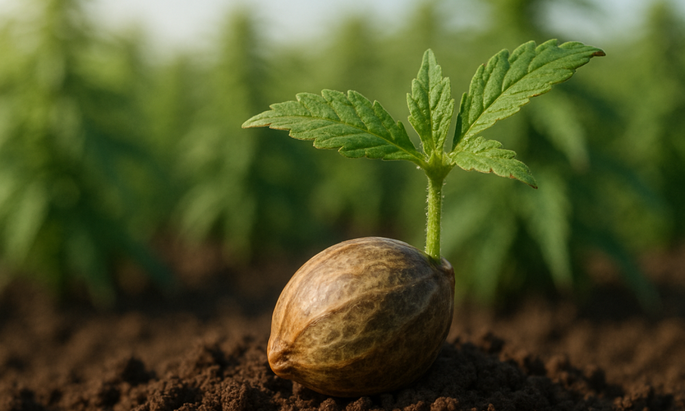 A close-up photograph of a cannabis seedling sprouting from soil in sunlight, showing healthy growth while highlighting common mistakes growing cannabis seeds, such as overwatering, poor soil choice, and improper light conditions.