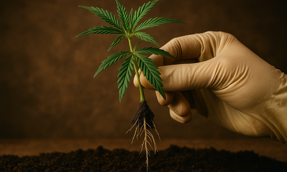 Cannabis plant cloning A high-resolution horizontal portrait of a young cannabis clone being held gently in a gloved hand, with its white roots visibly embedded in dark, moist soil; the plant’s vibrant green leaves contrast against a soft, warm brown background, illustrating the concept of cannabis cloning for horticultural use.