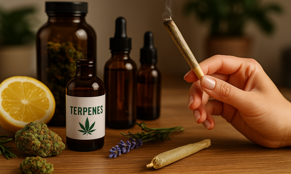 Cannabis with diffrent terpenes A close-up image of a hand holding a lit cannabis joint on a wooden surface, surrounded by terpene-related elements including cannabis buds, a bottle labeled "Terpenes," amber tincture bottles, a sliced lemon, lavender, and rosemary—evoking the sensory and therapeutic experience of terpene-rich cannabis.