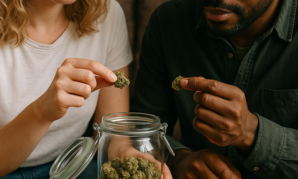 Future of cannabis Two people sitting indoors closely examining cannabis buds from a glass jar on a wooden table, with scattered cannabis leaves around them, captured in soft natural lighting for a realistic and relatable depiction of everyday cannabis use.
