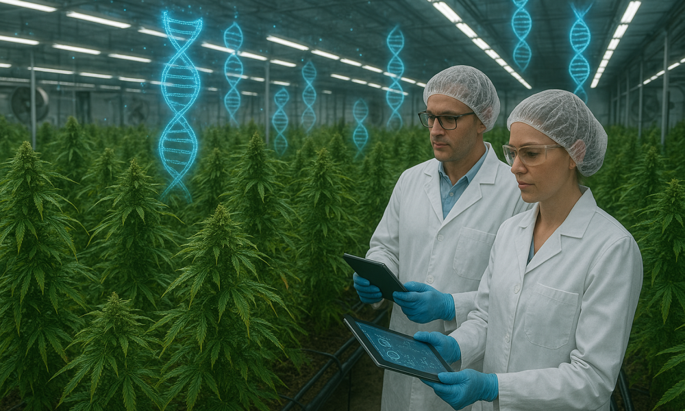Futuristic Cannabis Greenhouse with DNA Sequencing A photorealistic, horizontal image of a futuristic cannabis greenhouse where scientists in lab coats use tablets to monitor genetically guided cultivation. Rows of natural, imperfect cannabis plants grow under LED lighting, surrounded by realistic greenhouse equipment, while multiple glowing holographic DNA helix projections float above the plants, symbolizing genomic sequencing and biotechnology in cannabis farming.