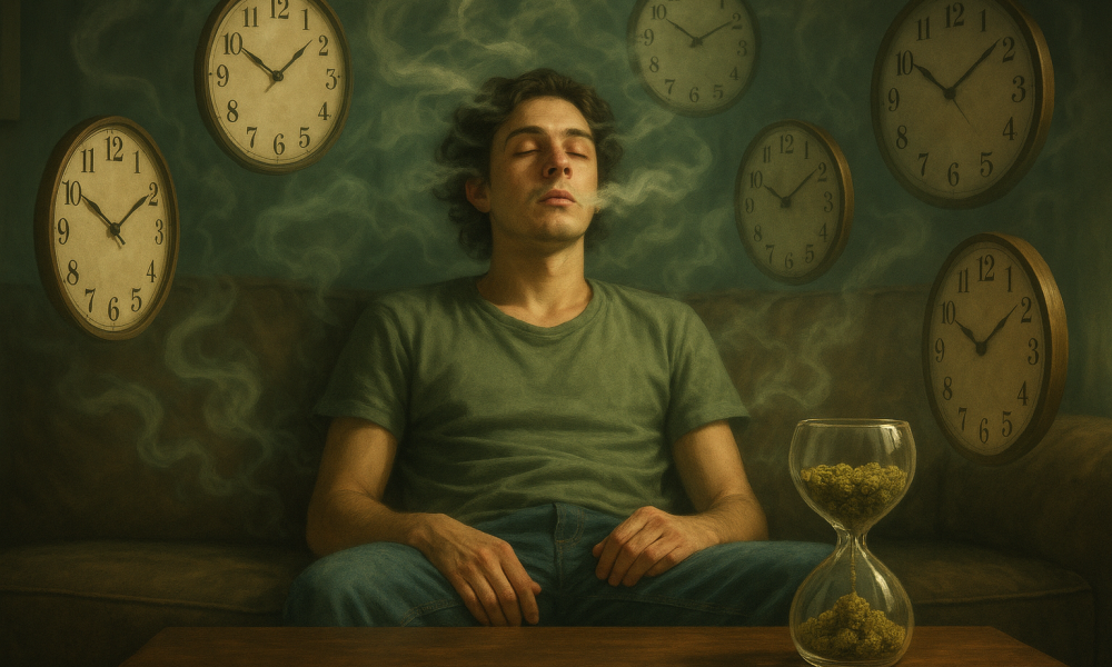 How long does a cannabis high last A relaxed young man sits on a couch with his eyes half-closed, surrounded by floating clocks and swirling green cannabis smoke in a dreamy, soft-lit room; a glass hourglass filled with cannabis buds rests on the table in front, symbolizing the distorted perception of time during a cannabis high.