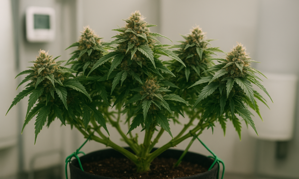 Low-Stress Training (LST) for Cannabis Plant A healthy cannabis plant trained with Low-Stress Training (LST), showing branches tied outward to form an even canopy with multiple dense buds covered in trichomes and orange pistils, grown indoors under professional cultivation lights.