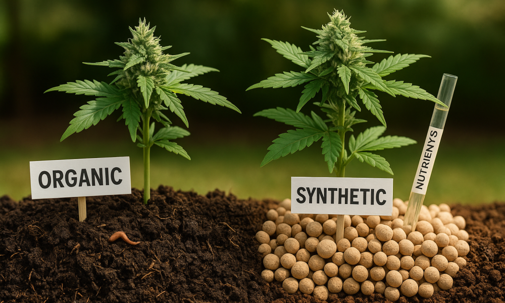 Organic, Living Soil vs. Synthetic Nutrients in Cannabis A side-by-side comparison of two cannabis plants: the left plant is thriving in dark, rich living soil with visible compost and organic matter in an outdoor setting; the right plant is growing in a sterile hydroponic setup with clay pellets and a blue spray bottle filled with synthetic nutrients, set against a neutral indoor background—illustrating different cultivation methods.
