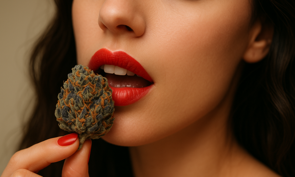 Strongest Weed Strains of 2025 Ranked by THC Percentage Two distinct, fully dried and cured cannabis buds with dense structure, rich trichome coverage, and vibrant orange pistils, resting on a clean laboratory table with blurred scientific equipment in the background—symbolizing high-THC potency and professional testing for the strongest weed strains of 2025.