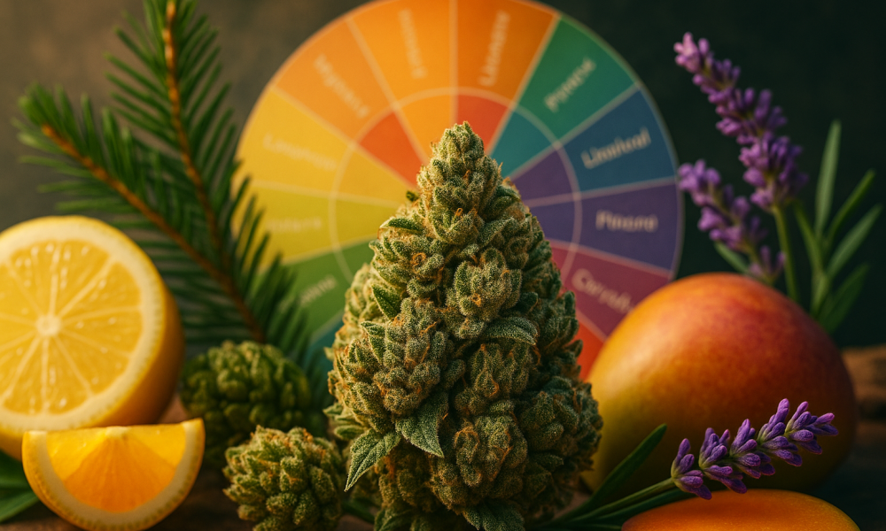The Cannabis Terpene Wheel "High-resolution image of cannabis bud surrounded by terpene-rich elements like lemon, mango, pine needles, and lavender, with a colorful terpene wheel in the background, illustrating the aroma and effects of cannabis terpenes."